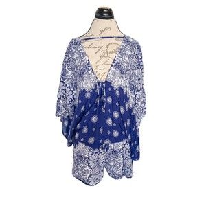 Bacio Womens Romper Shorts Size Large Boho Short sleeve bohemian Blue Gypsy